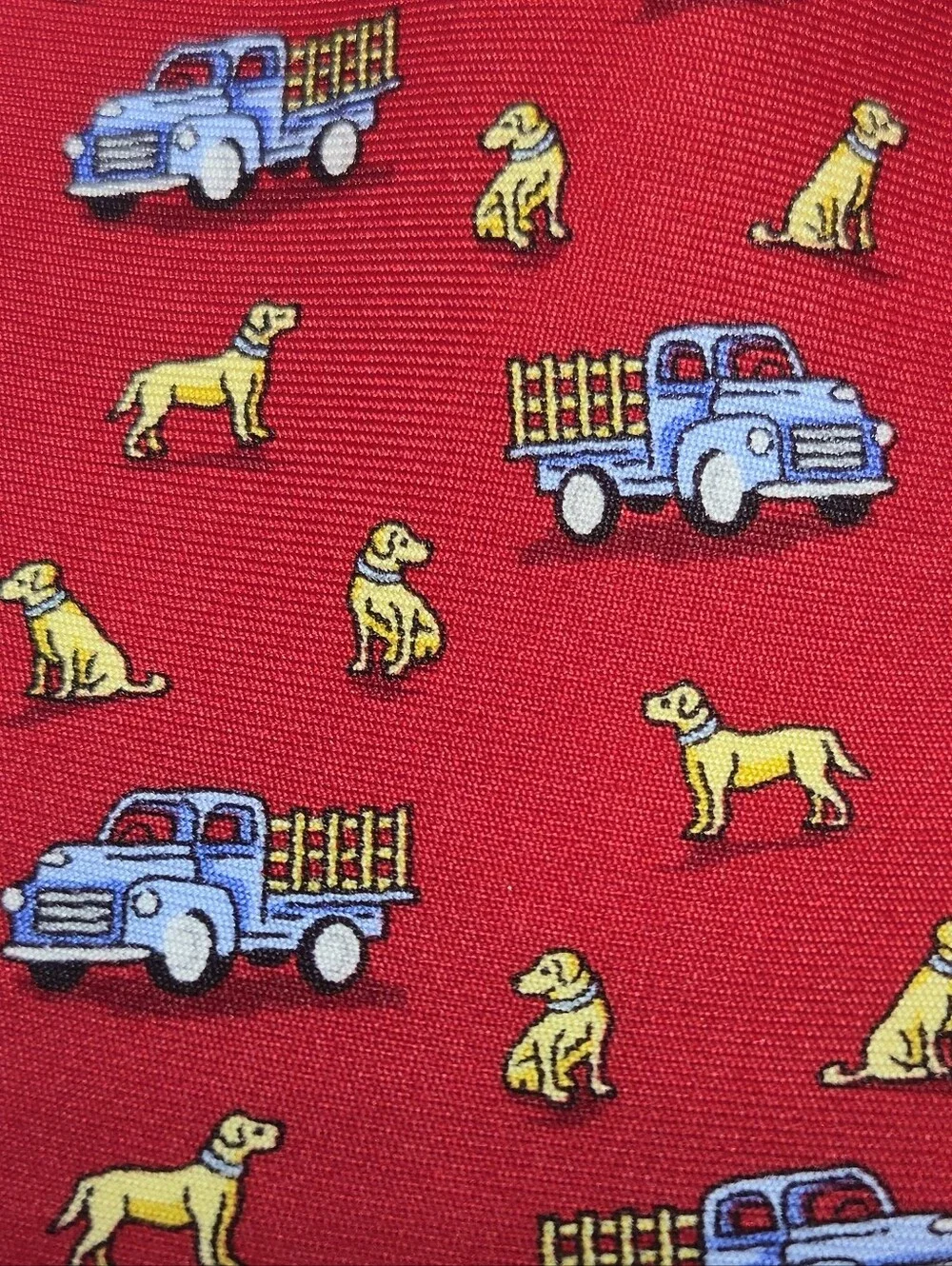 Bird Dog Bay Silk Tie Red Dogs Love Trucks Yellow Labs Blue Pickup Trucks USA